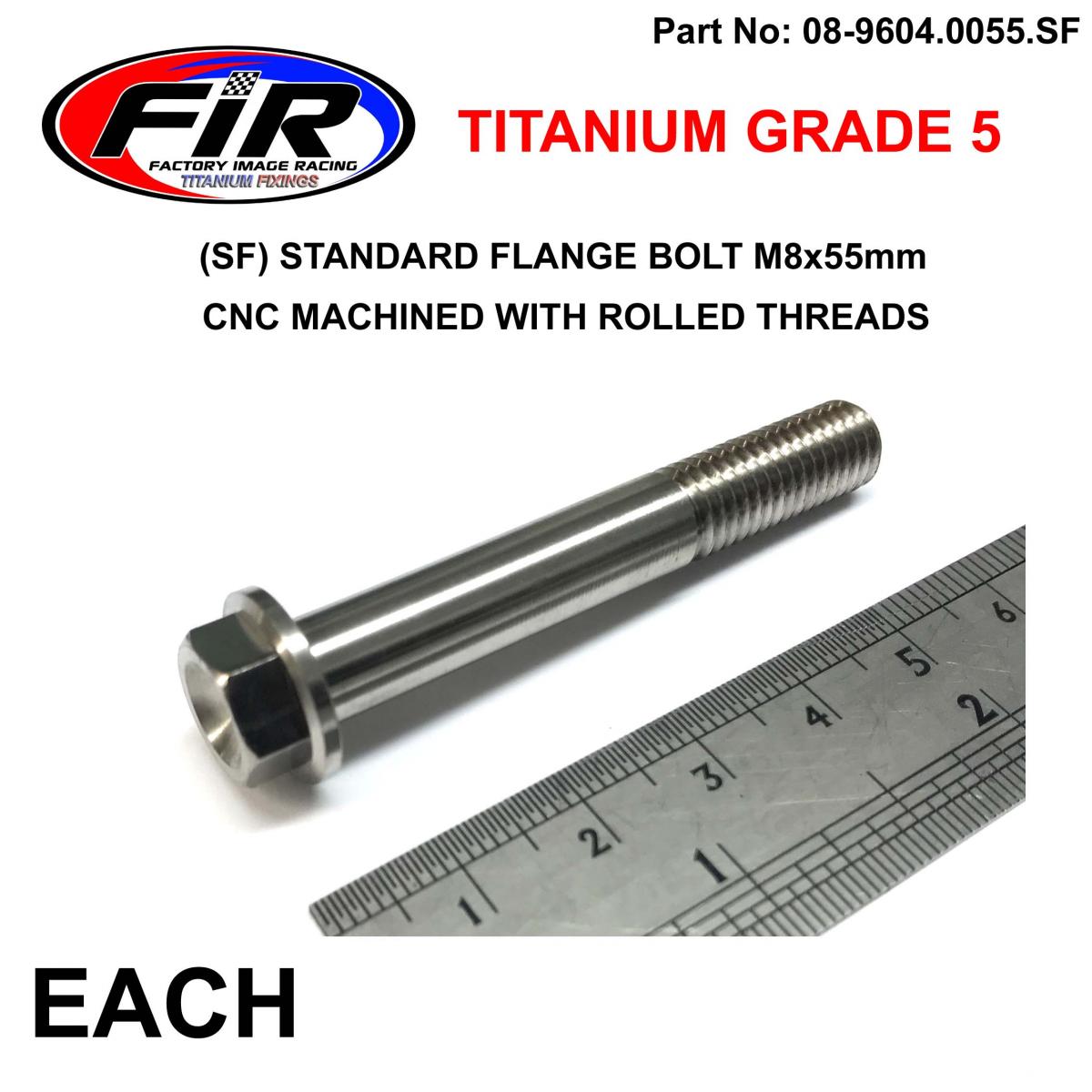 TITANIUM GR5 BOLT M8 x 55mm EACH, FLANGE OD: 14mm / HEX SIZE: 10mm, /
