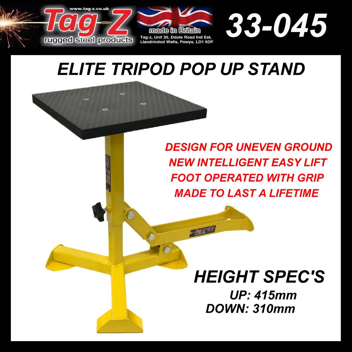 ELITE TRIPOD POP UP STAND, BIG FEET / GLOSS YELLOW / TAG-Z, MX STAND PIT PADDOCK ENDURO thumbnail 3