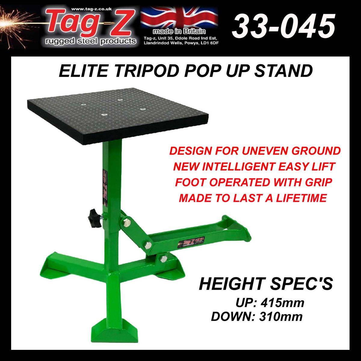 ELITE TRIPOD POP UP STAND, BIG FEET / GLOSS GREEN / TAG-Z, MX STAND PIT PADDOCK ENDURO thumbnail 3