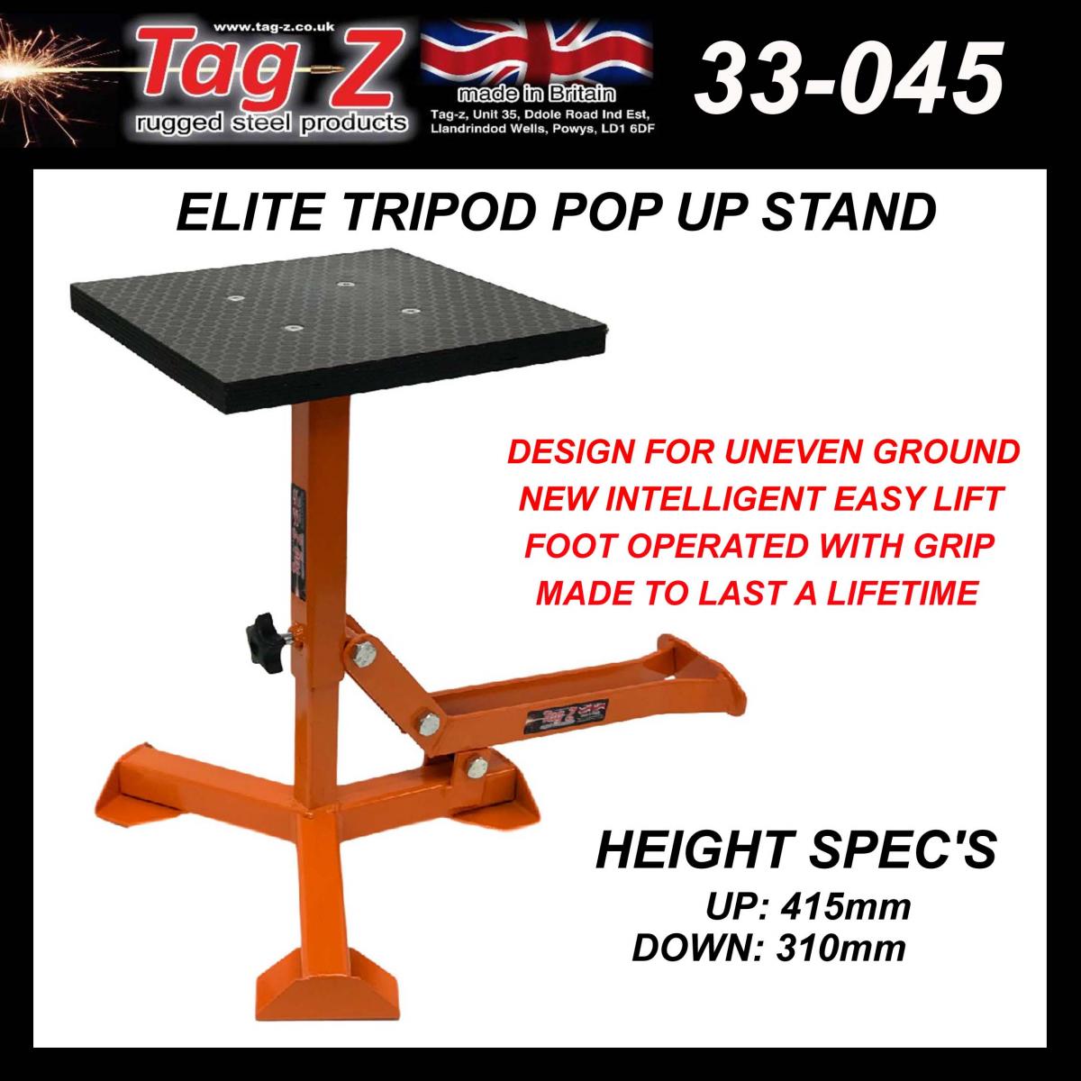 ELITE TRIPOD POP UP STAND, BIG FEET / GLOSS ORANGE / TAG-Z, MX STAND PIT PADDOCK ENDURO thumbnail 3