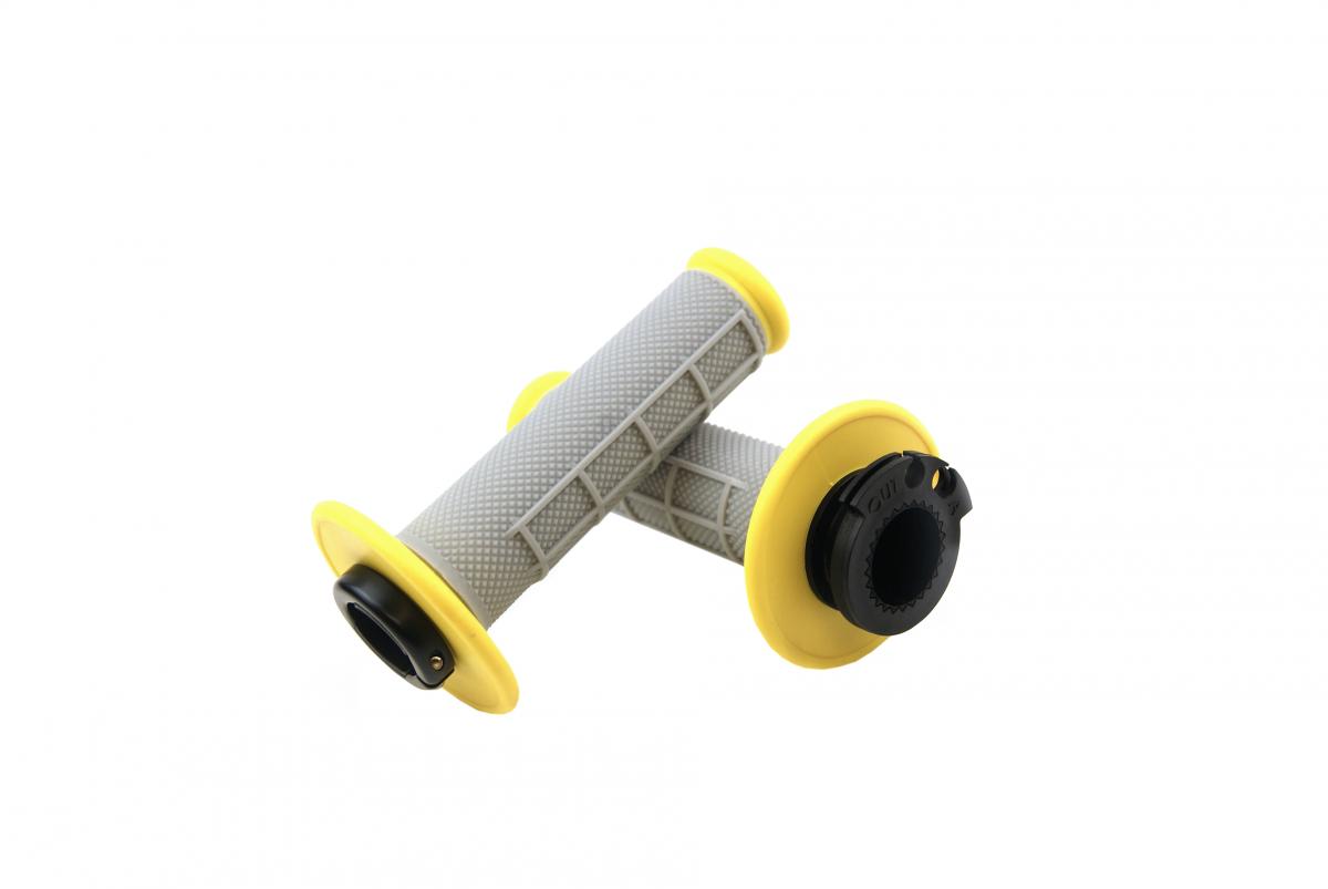 LOCK ON GRIP SET 03-15 KTM HUSQ, HALF WAFFLE SOFT GREY/YELLOW, ODI STYLE, FIR -