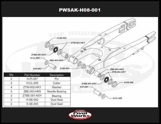 SWINGARM BEARING KIT CR125R 93-01, PIVOT WORKS PWSAK-H08-001, PWSAKH08001 thumbnail 4
