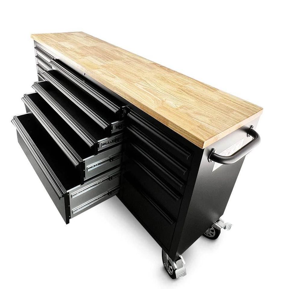 72 Powder Coated Matte Black Steel Tool Chest Box 15 Drawers Solid Wooden Top thumbnail 6